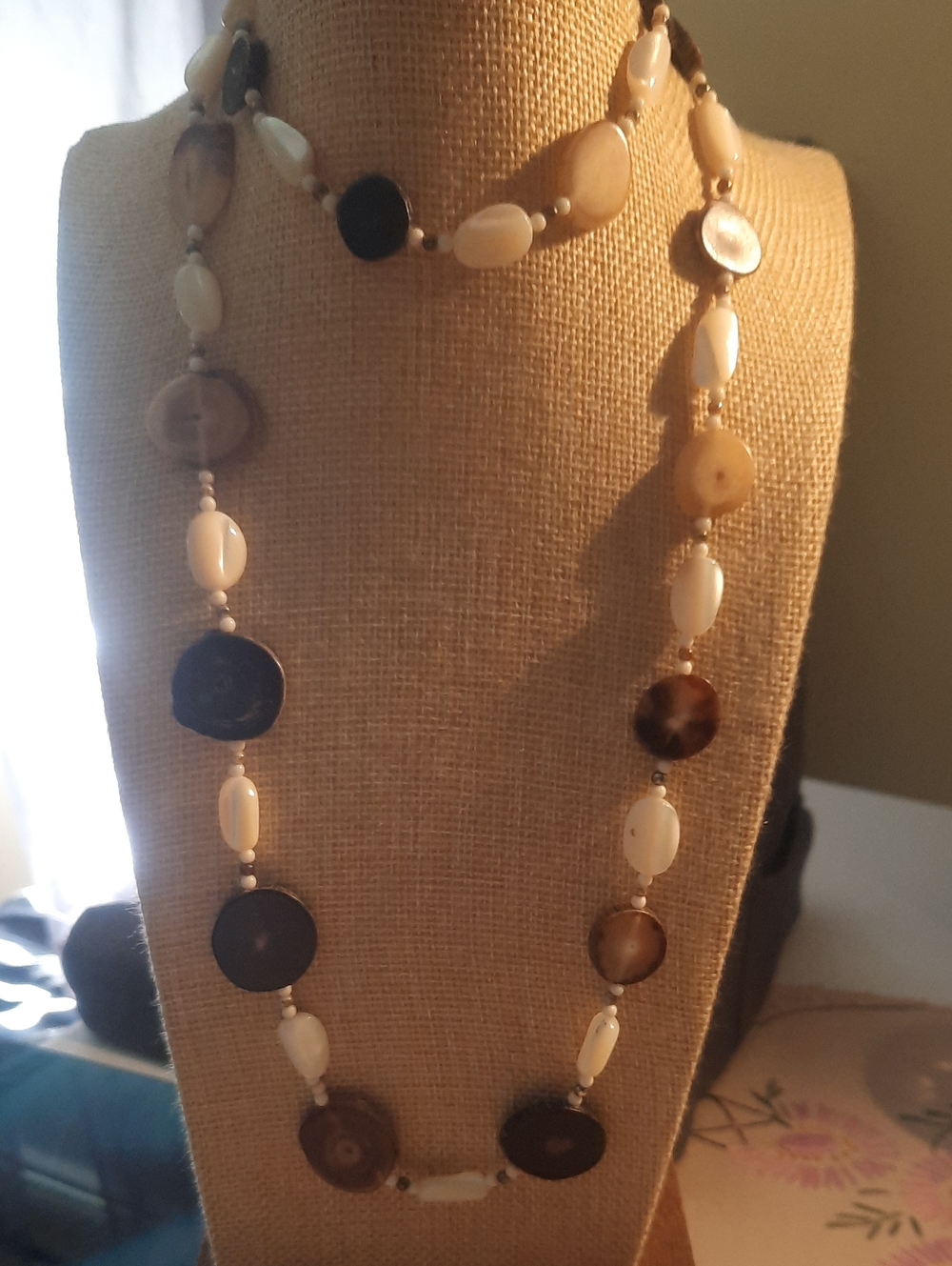 Beige and Brown Mother-of-Pearl Station Necklace - Unbranded
